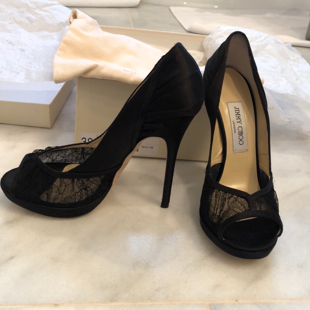Jimmy Choo satin and lace peep-toe pump